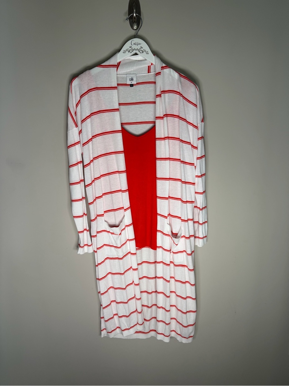 CAbi Coral Orange & White Striped Cardigan Tank 2 Piece Set M